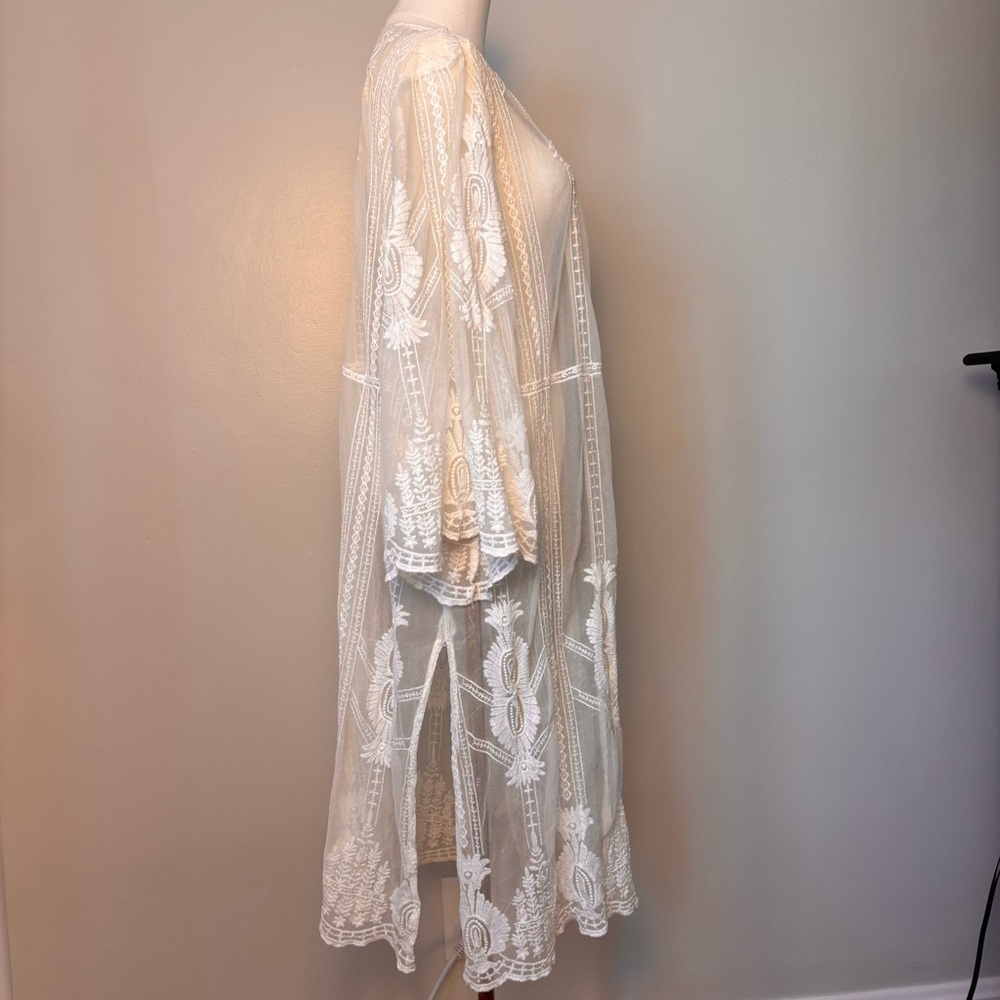 Artesian Boho Shear White Embroidered Lace Maxi Kimono 3/4 Flair Sleeve Sz XL - Picture 8 of 14